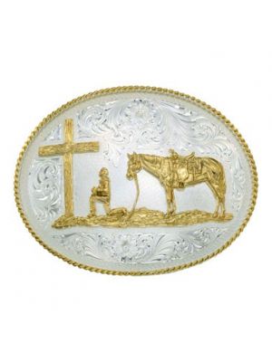 Montana Silversmiths Large Silver Engraved Western Belt Buckle with Christian Cowboy 61354