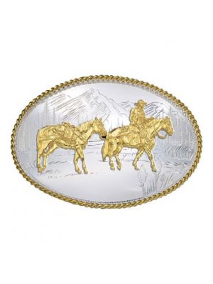 Montana Silversmiths Etched Mountains Western Belt Buckle with Pack Horse and Rider 6250-35