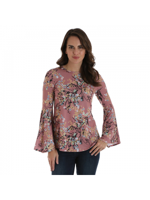 WRANGLER® WOMEN'S ALLOVER FLORAL PRINT TOP WITH TRUMPET SLEEVES LWK741M