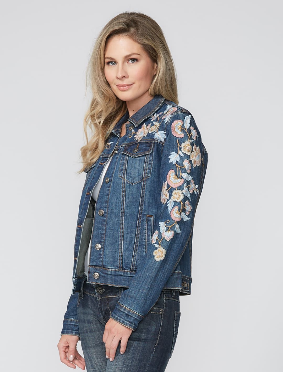 Denim jacket store with floral embroidery