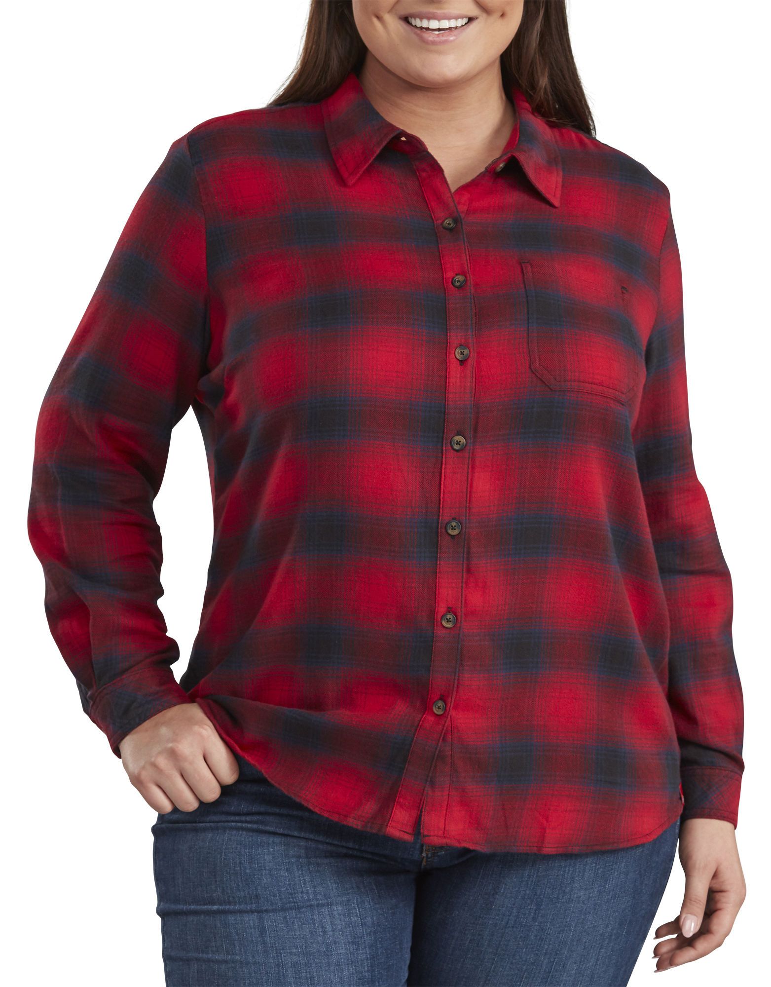 dickies Womens Size Long-Sleeve Plaid Flannel Shirt Plus 