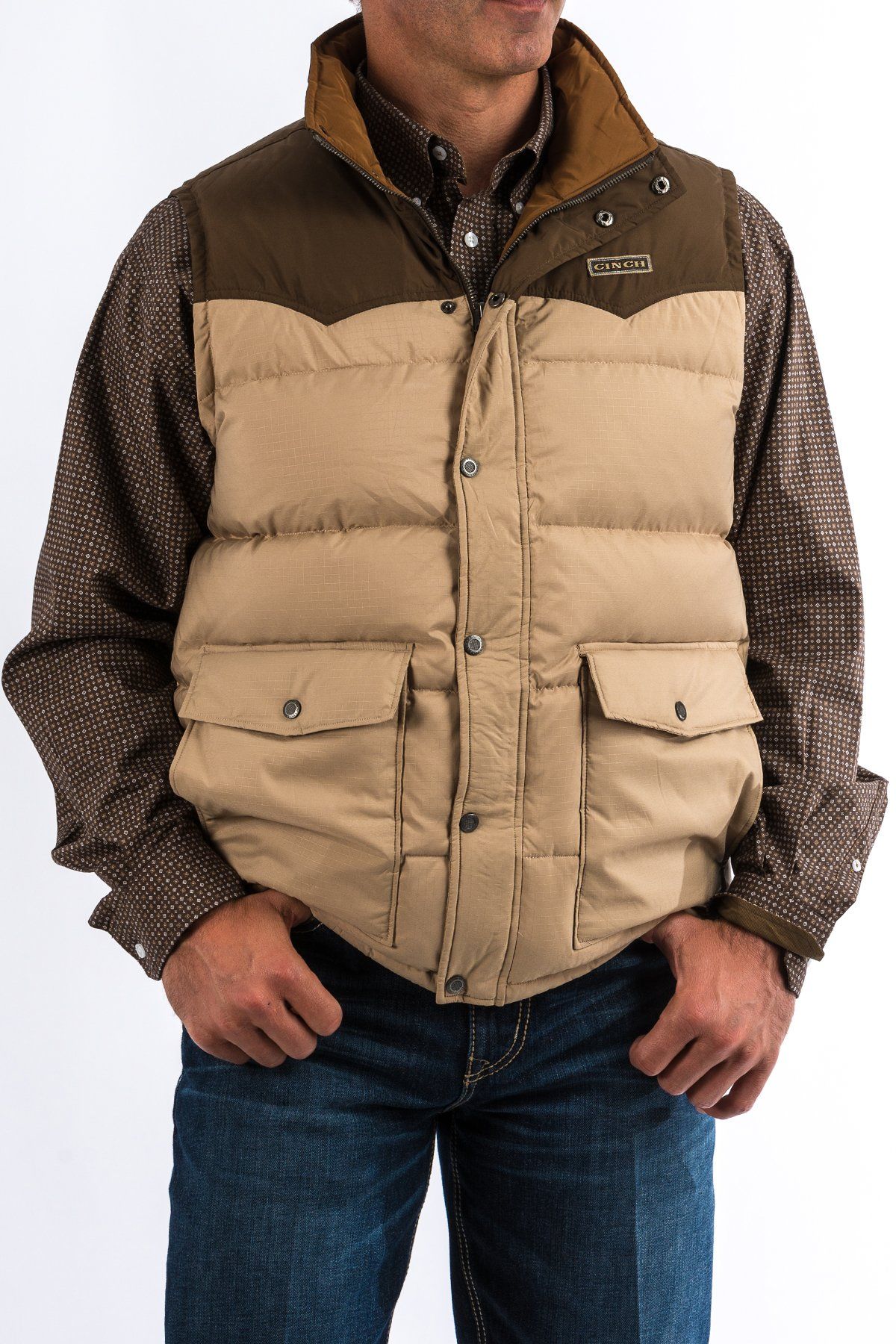 Cinch Mens Color Blocked Quilted Down Vest - Brown/Tan MWV1097001