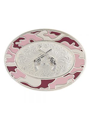 Montana Silversmiths Silver-Tone Pink Camo Buckle with Silver Crossed Pistols 6108PK-55