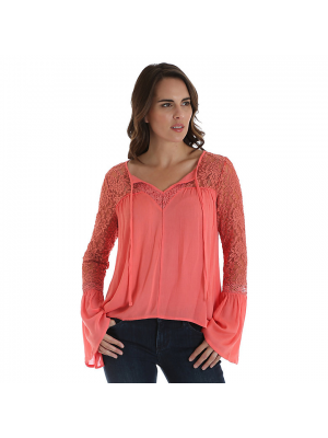 WRANGLER® WOMEN'S LONG SLEEVE PEASANT BLOUSE WITH LACE BELL SLEEVES LWK754H
