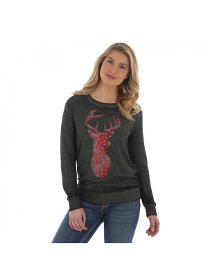 WRANGLER® WOMEN'S LONG SLEEVE FRENCH TERRY PULLOVER TOP WITH BANDANA DEER GRAPHIC LWK773X