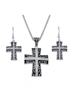 Montana Silversmiths Rhinestone Cross set in Antiqued Filigree Jewelry Set JS1185