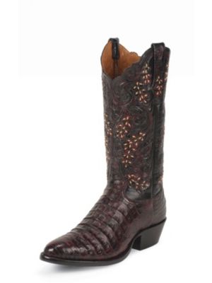 TONY LAMA MEN'S BLACK CHERRY BELLY ANTIQUE SIGNATURE SERIES™ CAIMAN WESTERN BOOTS WITH HAND-TOOLED TOPS 1002