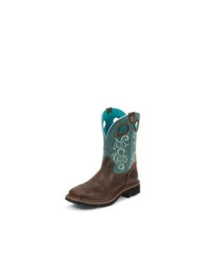 TONY LAMA WOMEN'S SADDLEBACK BROWN 3R WORK WATERPROOF COMPOSITION TOE WORK BOOTS WITH TURQUOISE TOPS RR3401L